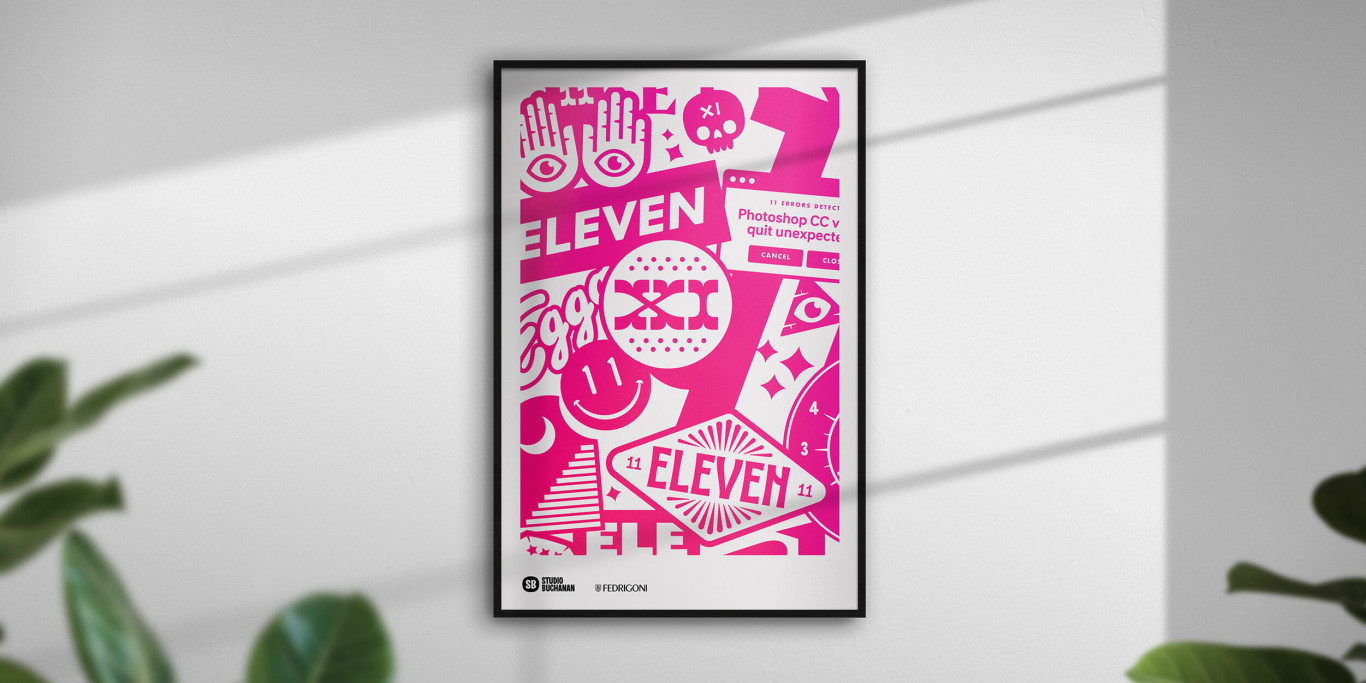 Hanging print in a thin black rimmed frame containing magenta artwork. Artwork depicts a mess of illustrated instances of the number eleven, and eleven related imagery.