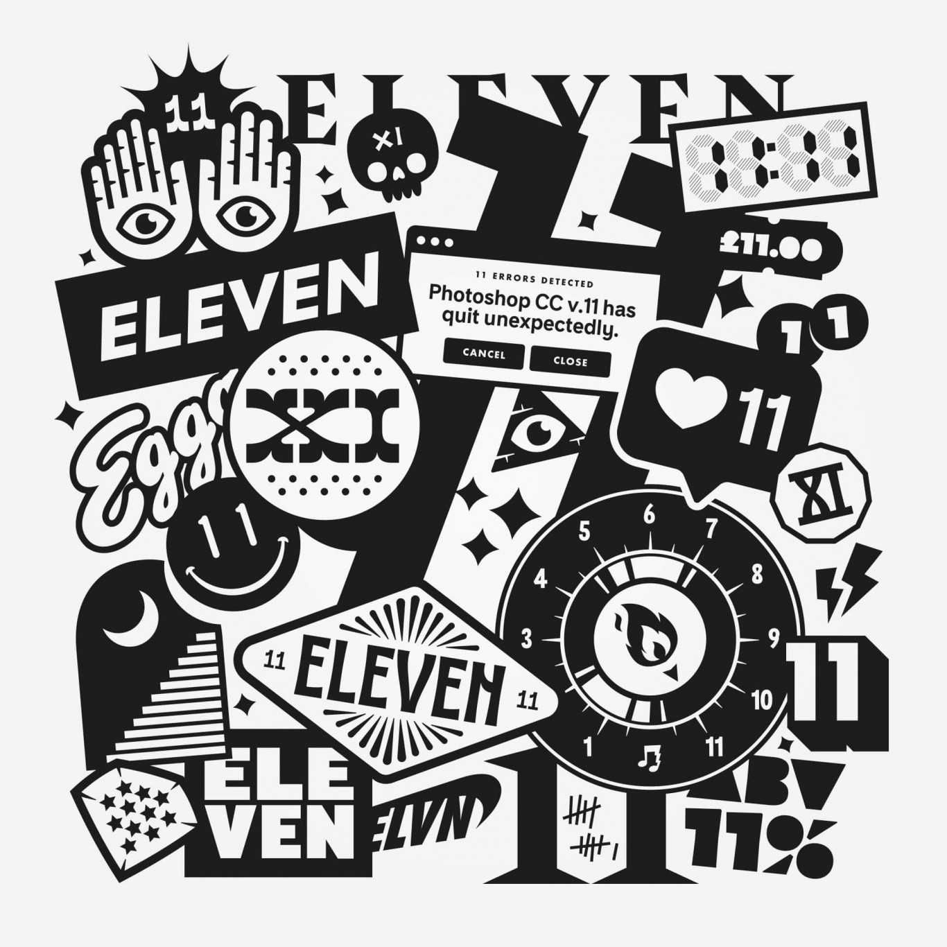 Artwork contains a mess of illustrated instances of the number eleven, and other eleven based visuals and graphics. Artwork is set in black on a white background